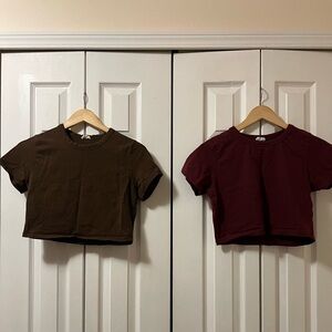 Two Cotton On XL Cropped Tees, Burgundy + Brown